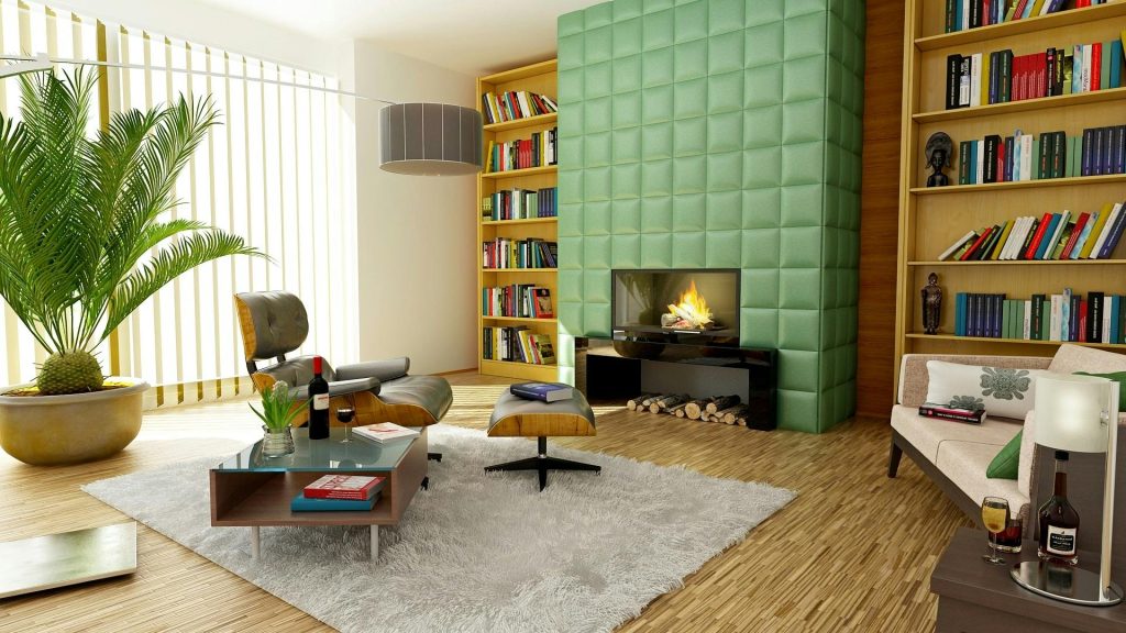 Salon moderne élégant avec déco design, étagères et cheminée chaleureuse.